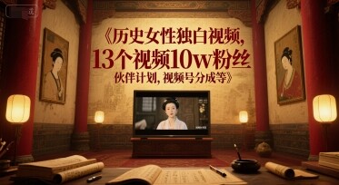 历史女性独白视频，13个视频10w粉丝，伙伴计划，视频号分成等-自由仓库