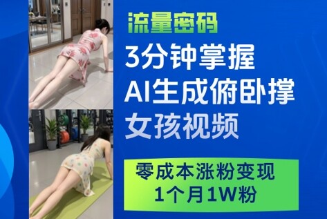 3分钟掌握AI生成俯卧撑女孩视频，零成本涨粉变现，1个月1W粉-自由仓库