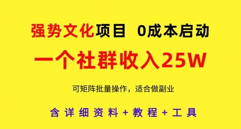 强势文化项目，一个社群收入25个W，0成本启动，可矩阵批量操作，原创详细实操教程-自由仓库