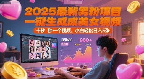 2025最新男粉项目，一键生成美女视频，日引600+色粉 十秒一个视频，小白轻松日入5张【揭秘】-自由仓库