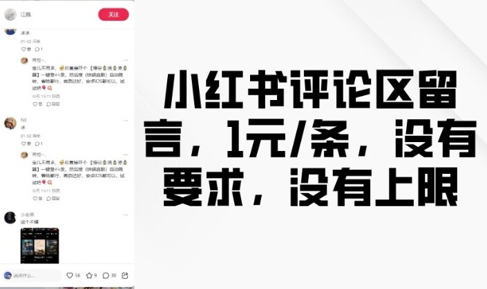 小红书评论区留言，1元条，没有要求，没有上限-自由仓库
