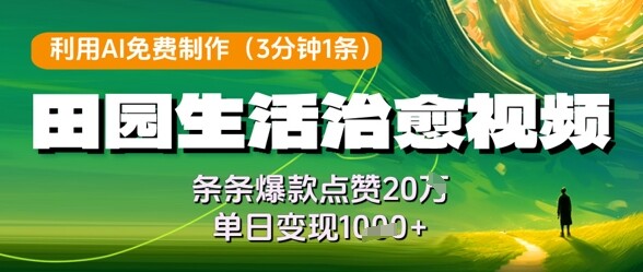 利用AI免费制作田园生活治愈视频，条条爆款点赞20W，单日变现几张-自由仓库
