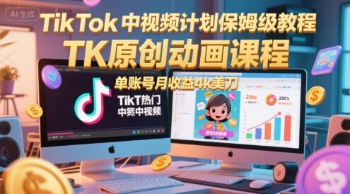 TikTok中视频计划保姆级教程，TK原创动画课程，单账号月收益4k美刀-自由仓库