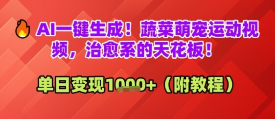 AI一键生成！蔬菜萌宠运动视频，治愈系的天花板！单日变现多张-自由仓库