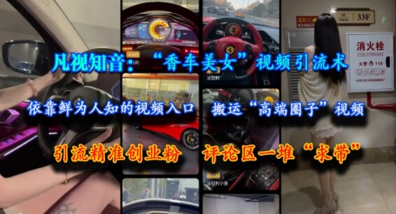 凡视知音：“香车美女”视频引流术，依靠鲜为人知的视频入口，搬运“高端圈子”视频，引流精准创业粉，评论区一堆“求带”-自由仓库