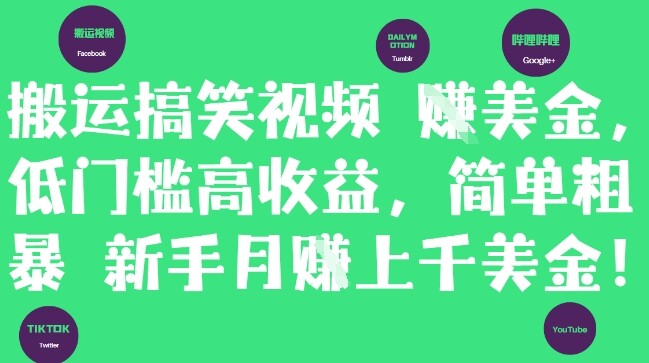 搬运搞笑视频挣美金，低门槛高收益，简单粗暴新手月入上千美刀-自由仓库